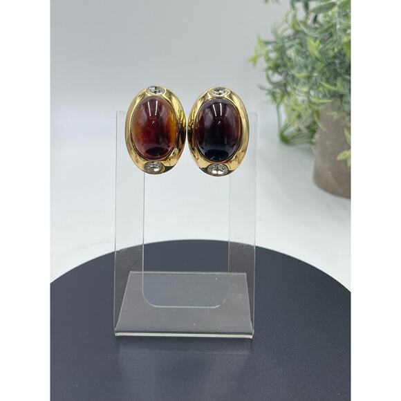 Kenneth Jay Lane Oval Brown Glass Cabochon Vintage Rhinestone Clip Earring‎ - Picture 2 of 16